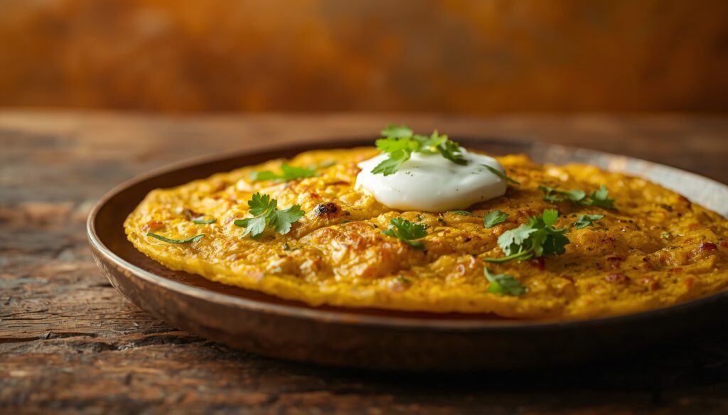 lucid origin a cinematic photo of a golden brown protein rich moong dal chilla garnished with 0