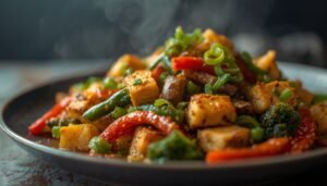 lucid origin a cinematic photo of a savory tofu vegetable stir fry dish captured through the 0