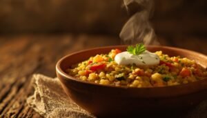 lucid origin a cinematic photograph of a warm and inviting vegetable millet khichdi dish capt 0